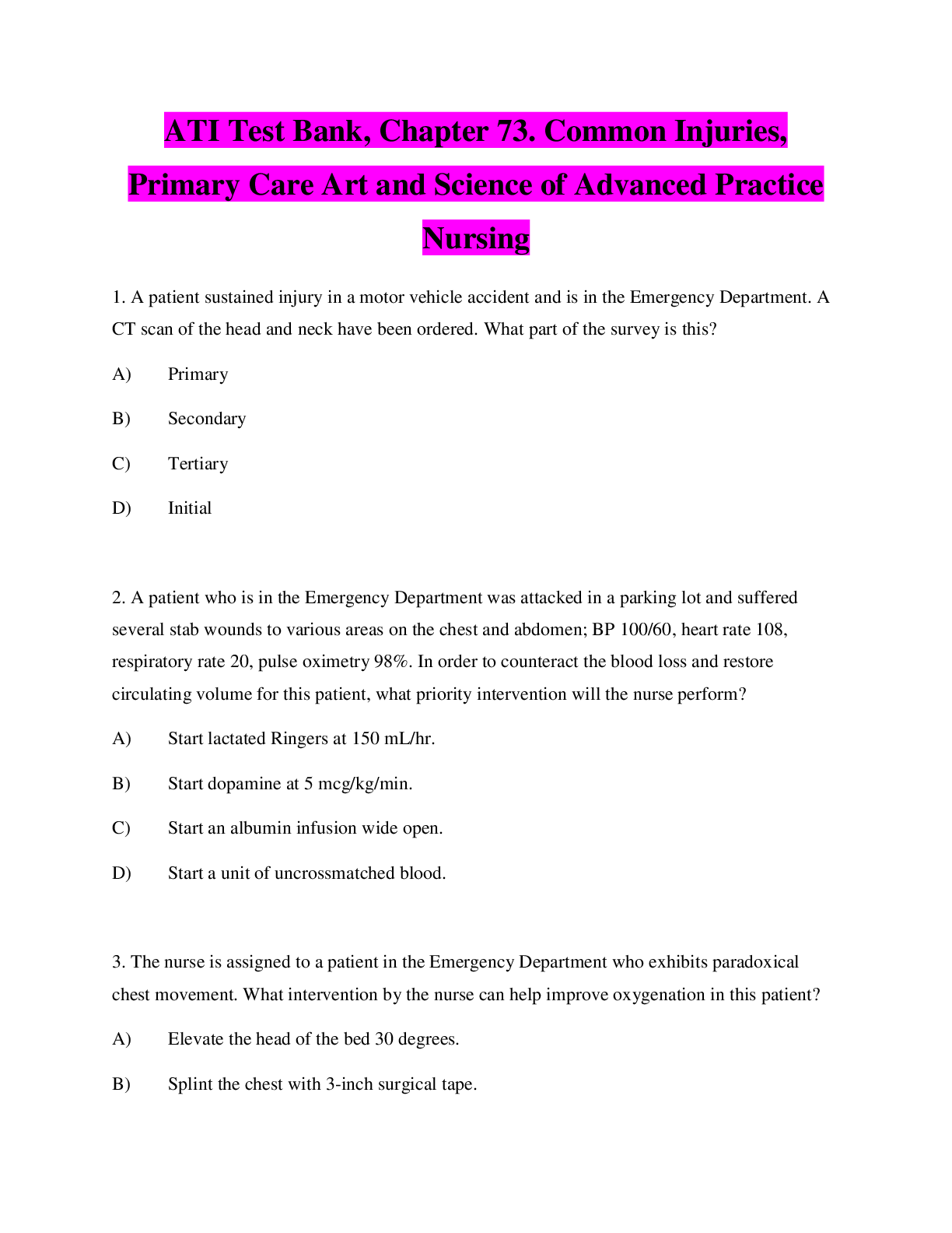 Preview image for ATI Test Bank, Chapter 73. Common Injuries, Primary Care Art and Science of Advanced Practice Nursing